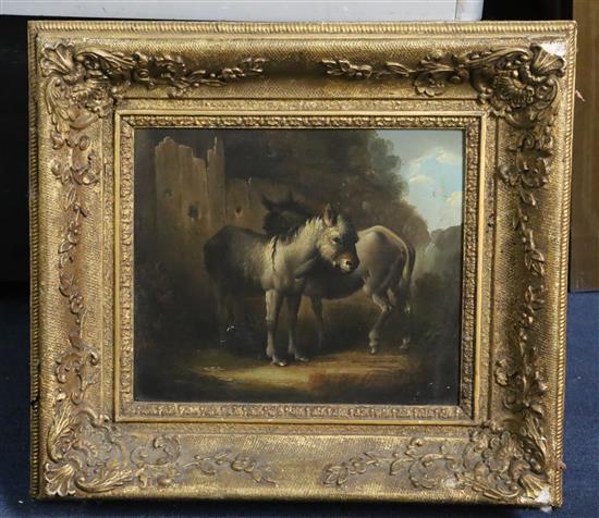 Early 19th Century English School Donkeys beside a fence 9.5 x 11.25in.